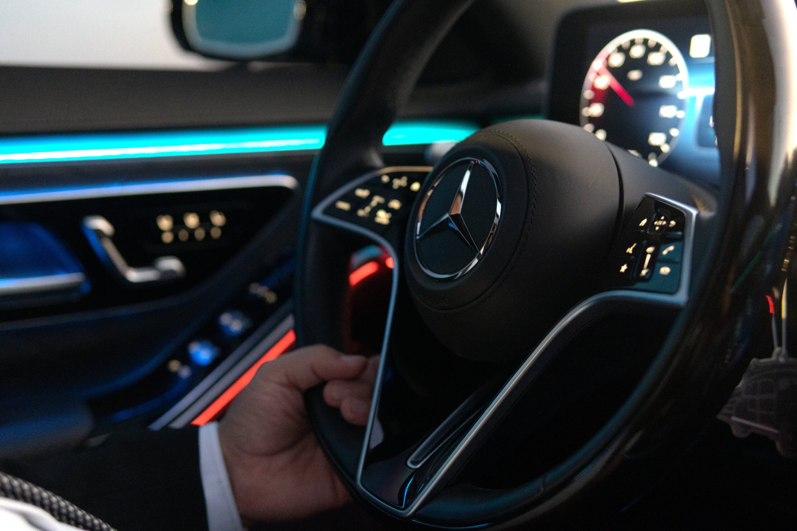 Mercedes-Benz S-Class luxury interior steering wheel with ambient lighting - LuxRide hourly chauffeur service Tampa Bay Florida