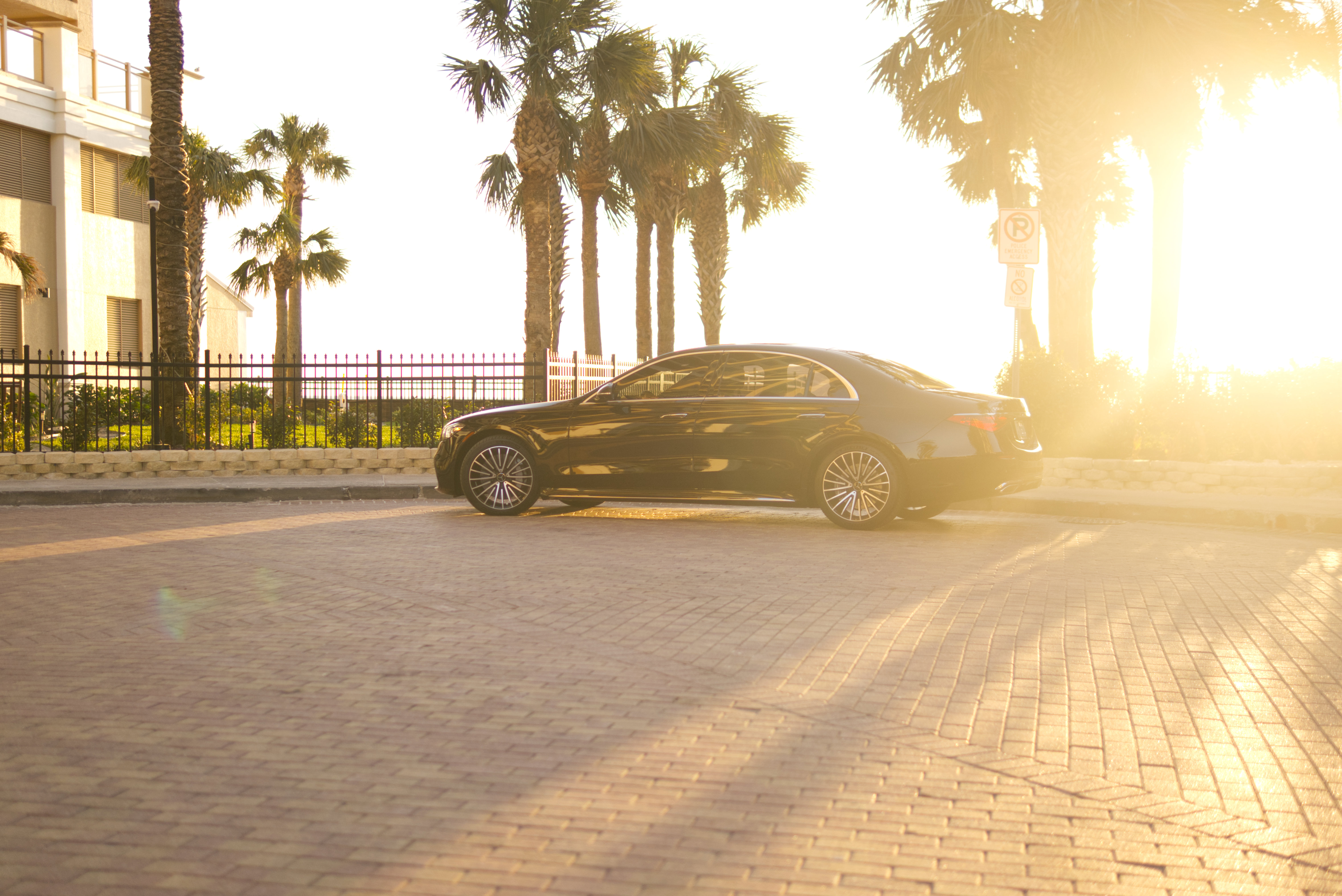 Mercedes-Benz S-Class side profile at sunset - LuxRide chauffeur service