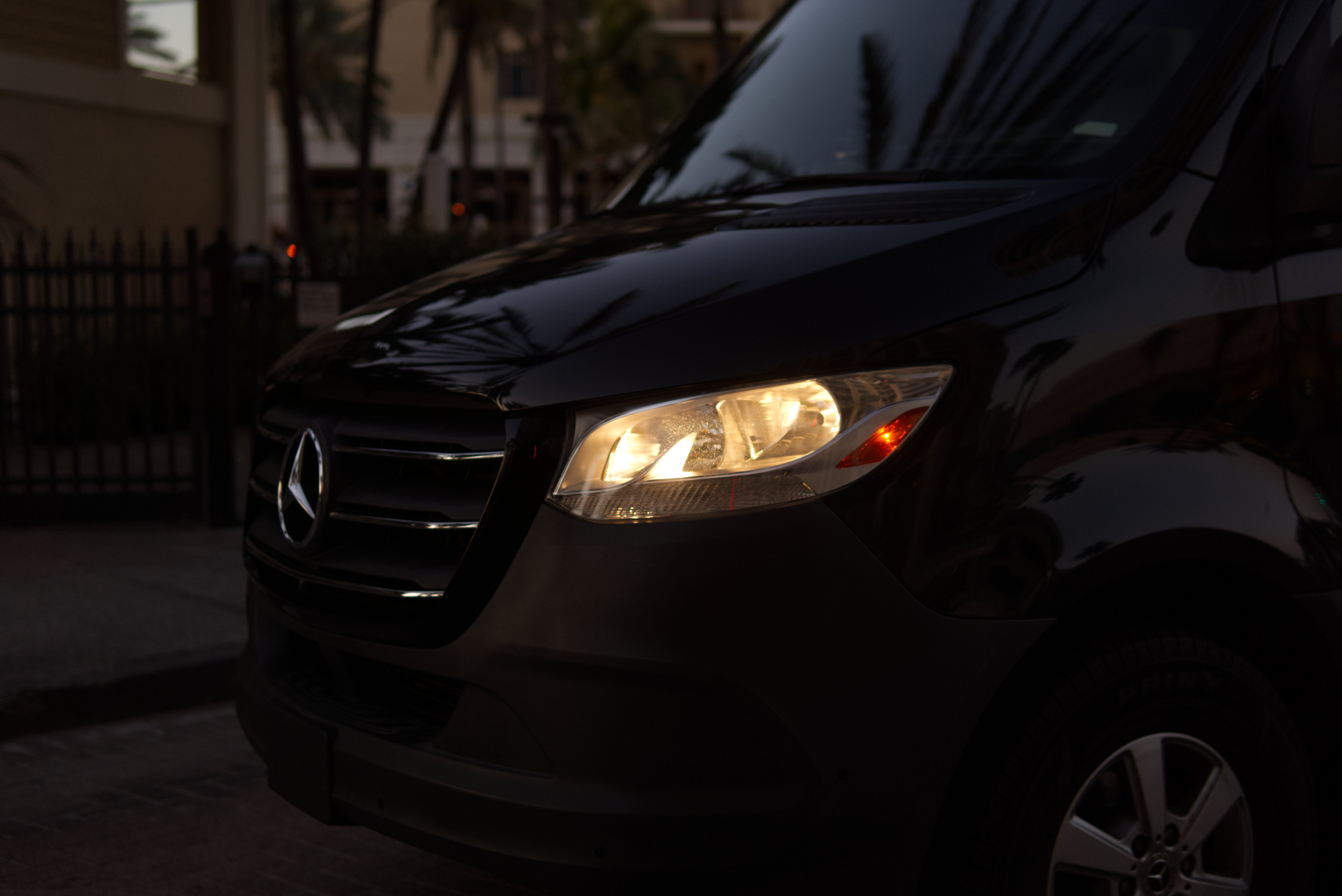 Mercedes Sprinter rear view with palm trees at sunset - LuxRide group transportation